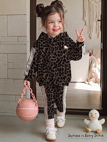 Young Girl Leopard Print Rider Pattern Casual Long Sleeve Hoodie And Leggings 2 Pieces Set, Suitable For Autumn/Winter - Multicolor - View 4