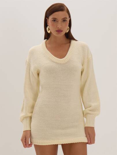 MUSEYN Cream Knit Balloon Sleeve Ribbed Mini Dress Cosy Versatile Everyday Casual New Season Fall