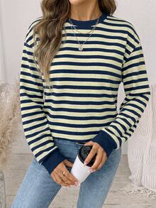 SHEIN LUNE Women's Striped Color-Block Sweatshirt,Fall Clothes For Women,Winter Clothes, Homecoming,Y2K,Casual - White - View 4