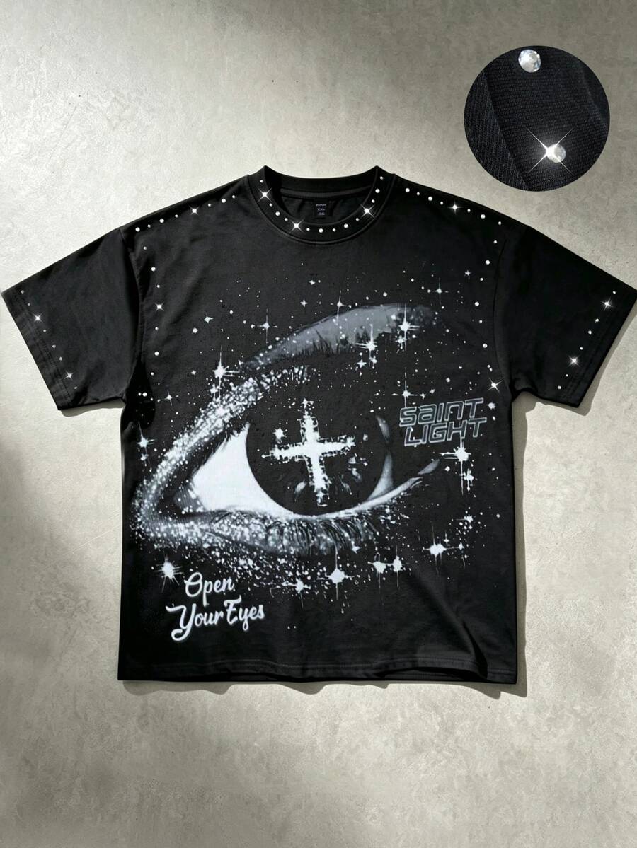 ROMWE MEN Street Life 2026 Spring/Summer New Pattern Rhinestone Plus Size Men's T-Shirt Casual Fashion Short Sleeve Crew Neck Top - Black - View 1