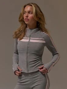 Musera Sport Jaket Termal Bergaris Kontras Warna dengan Resleting dan Potongan Pas Badan Gaya BBl, Jaket Koordinasi yang Imut dan Feminin untuk Musim Gugur, Musim Dingin, Musim Panas, Olahraga, Liburan, dan Es. - Grey - View 1
