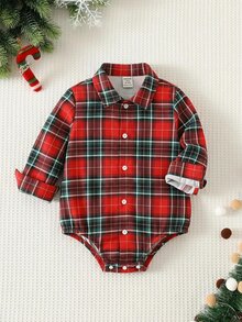 SHEIN Baby Boy Colorful Plaid Collar Long Sleeve Romper, Versatile And Comfortable - Multicolor - View 1