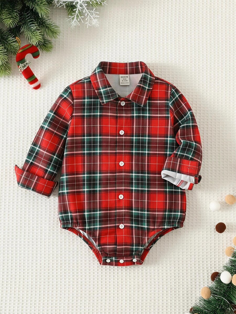 SHEIN Baby Boy Colorful Plaid Collar Long Sleeve Romper, Versatile And Comfortable - Multicolor - View 1