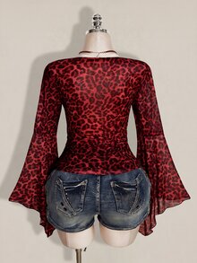SHEIN ICON 女款大尺碼復古性感千禧風 Y2K 都市現代前衛方領喇叭袖荷葉邊長袖棕色豹紋網紗上衣 秋季 - 酒紅色 - 查看 2