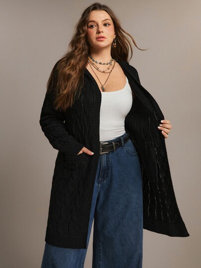 Freevana Women's Open Front Hooded Cardigan - Solid Color Black Cable Knit Sweater - Long Coats