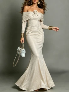 Omancia Women's Off-Shoulder 3D Floral Decor Elegant Cinched Waist Party Dress - Champagne - View 4