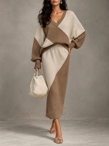 LUMIGAL Women's Colorblock V-Neck Drop Shoulder Long Sleeve Sweater And Knitted Skirt Casual 2 Pieces Set - Multicolor - View 1