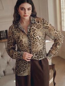 Anewsta Plus Size Women's Spring/Autumn Modern Fashion Versatile Leopard Print Loose Long Sleeve Shirt - Brown - View 6