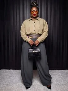 Slaydiva Plus Size Women's Shirt Jacket, Khaki Stand Collar Epaulet Plus Size Utility Shacket - Khaki - View 5