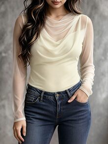 Velvienne 大尺碼女款春秋極簡純色半透修身垂領T恤，適合日常穿著秋季 - 杏色 - 查看 3