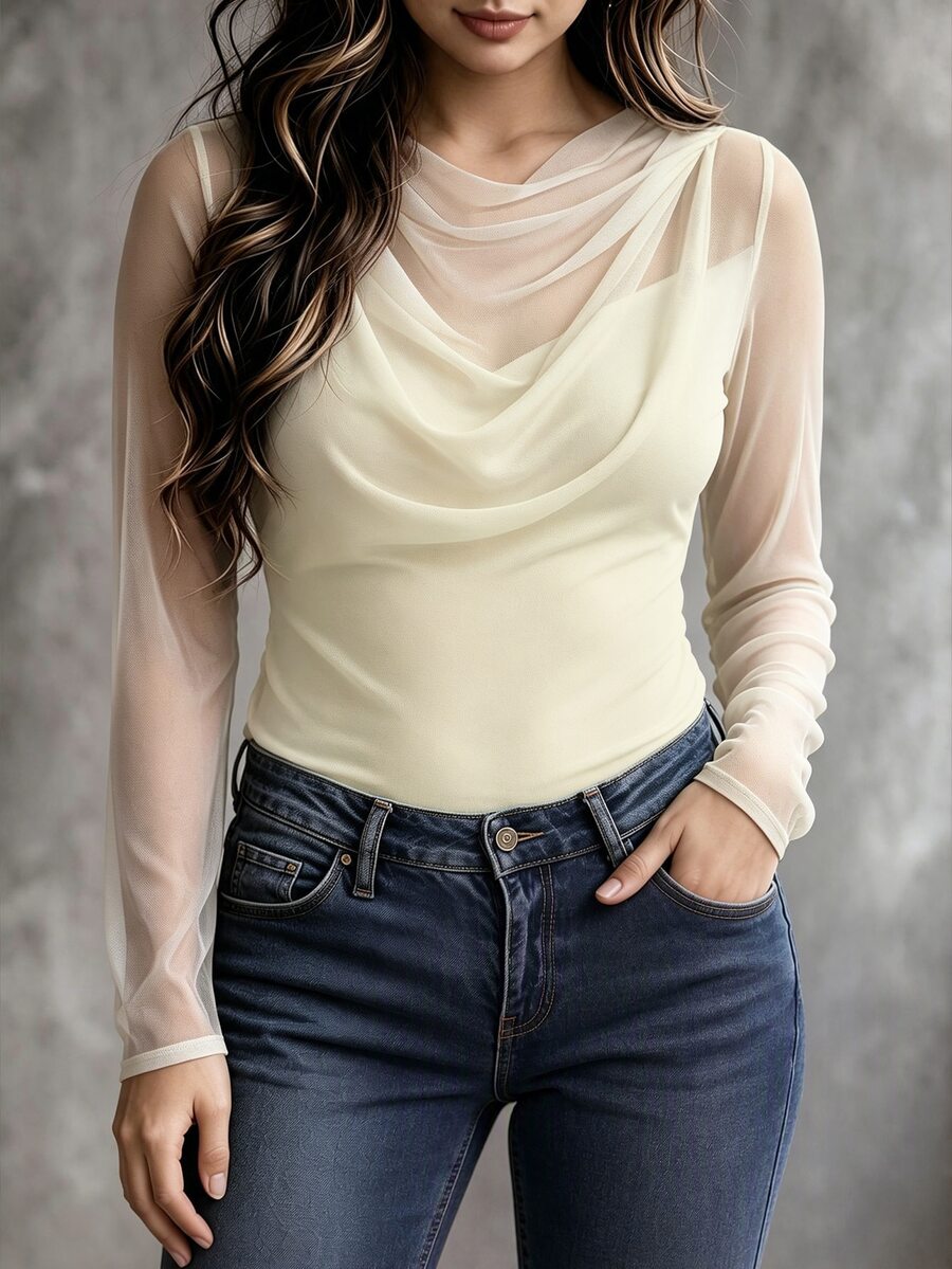 Velvienne Plus Size Women's Spring/Autumn Minimalist Solid Color Semi-Sheer Fitted Cowl Neck T-Shirt, Suitable For Daily Wear Fall - Apricot - View 1