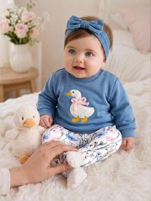 SHEIN 新生兒 3D 鴨子刺繡兒童圖案肩扣刷毛加厚套頭秋季衛衣與印花彈性內搭褲套裝，適合冬季 - 藍色 - 查看 3