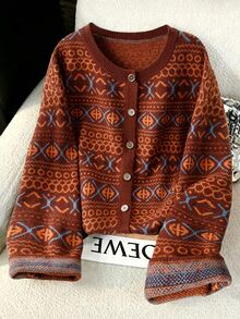 GlowEve CURVE Plus Size Women's Geometric Pattern Long Sleeve Single-Breasted Casual Knit Cardigan - Multicolor - View 1