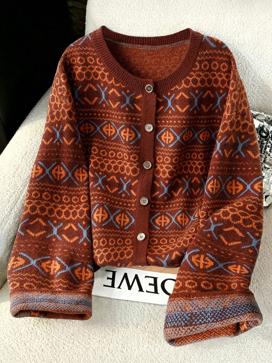 GlowEve CURVE Plus Size Women's Geometric Pattern Long Sleeve Single-Breasted Casual Knit Cardigan - Multicolor - View 1