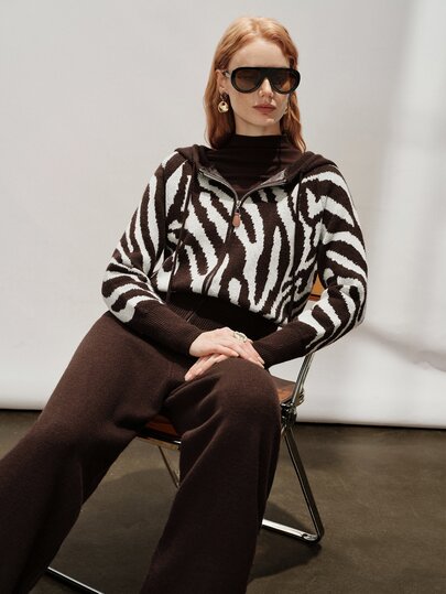 Aveloria Modichic Women's Sweater Set Slim Hoodie Wide Leg Pants Knitted Drawstring Zip Up High Waist Modern Brown White Zebra Print 2 Pieces Set For Women Fall Hallowee