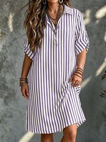 SHEIN Tall CURVE 大尺碼女款法式休閒夏季短袖V領長版洋裝 - 紫色 - 查看 6