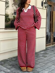 Easura 大尺碼復古紅色條紋 Polo 領針織套裝 女款 寬鬆寬腿褲 2 件組 冬季 - 紅色 - 查看 4