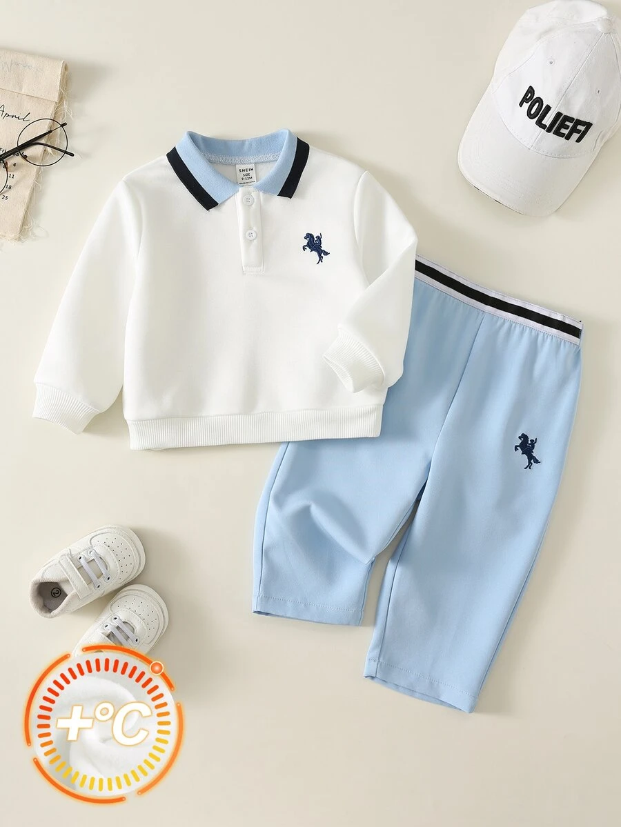 SHEIN 男嬰幼兒 3 件組秋冬保暖內裡加厚休閒學院風 POLO 套裝,衛衣套裝,含腰帶,嬰兒冬季套裝,聖誕 - 藍色 - 查看 1