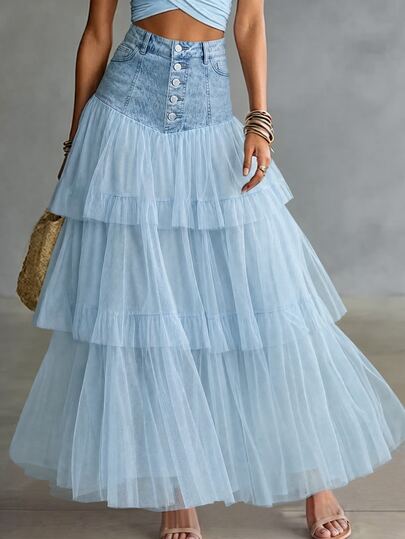 Trelyra Women's High Waist Denim Mesh Layered Long Skirt, Button Front Opening Tulle Ruffle Layered Long Skirt, Blue Denim Tulle Layered Long Skirt, High Waist Flowy Layered A-Line Skirt, Layered Flowy A-Line Denim Waist Long Skirt