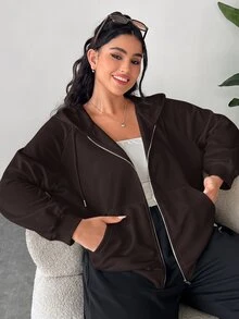 SHEIN EZwear 大尺碼女款純色休閒百搭日常穿著連帽衛衣 - 巧克力棕 - 查看 3