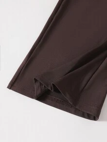 SHEIN 青少年女孩純色按扣休閒基礎日常運動套裝，舞蹈練習褲，適合瑜伽、皮拉提斯、學校，深棕色秋季 - 棕色 - 查看 8