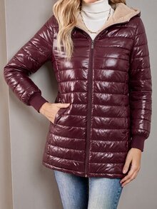 Aveloria Modichic 女款純色長袖拉鍊連帽抓絨休閒加厚棉服外套，冬季保暖衣物 - 中紫紅色 - 查看 4