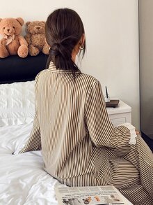 Napfluff Vintage Vertical Striped Pajama Set, Sweet Bowknot Decoration, Ruffle Cuff Patchwork Loungewear - Multicolor - View 2