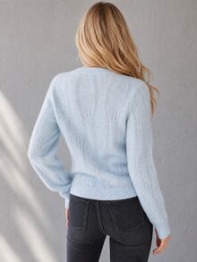 SHEIN Cardigan Rajut Mutiara Imitasi Elegan untuk Wanita - Baby Blue - View 2