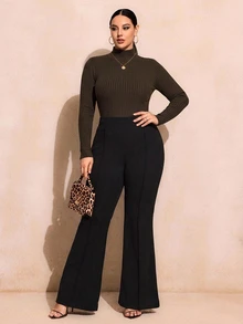 SHEIN SXY Plus Size Brown Ribbed Turtleneck T-Shirt Suitable For Autumn/Winter - Brown - View 5