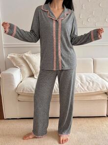DAZY 2pcs Lace Patchwork Cardigan Long Sleeve Straight Leg Long Pajama Pants Women's Sleepwear Set - Grey - View 4
