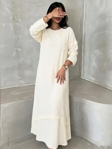Yasmyna Women's Chinese Style Frog Button Solid Color Round Neck Loose Long Sleeve Dress, Arabic Muslim Abaya - Apricot - View 7