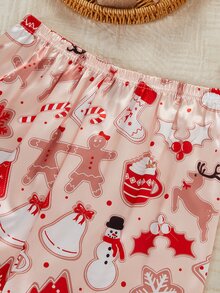 Dream Adore Soft Pink Gingerbread Man & Reindeer Christmas Pattern Satin Long Sleeve Top & Pants Set - Red - View 4
