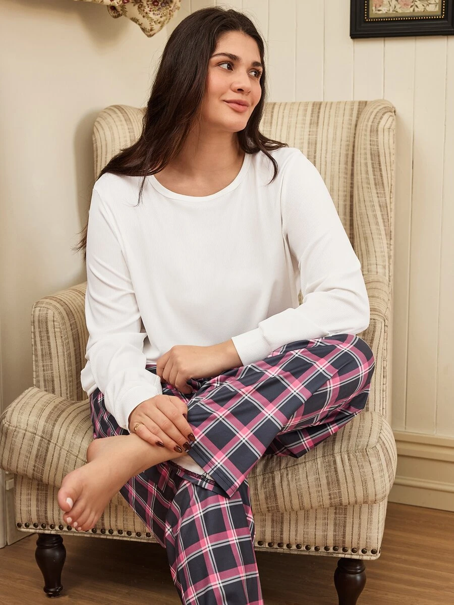 Doze Lane Plus Size Minimalist Round Neck Long Sleeve Top & Plaid Pants Loungewear Pajama Set - White - View 1