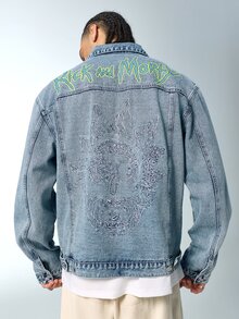 Rick and Morty X SHEIN Men's Letter Print Long Sleeve Single-Breasted Casual Denim Jacket - Blue - View 3