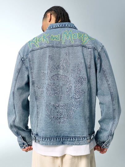 Rick and Morty X SHEIN Men's Letter Print Long Sleeve Single-Breasted Casual Denim Jacket