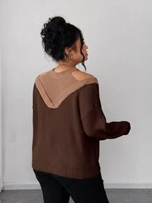 SHEIN Elenzya 女款兩件式假露肩對比色時尚套頭毛衣 - 粉色 - 查看 2