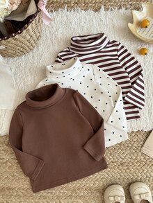 SHEIN Vintaside Kids 3件組幼兒女嬰高領上衣 可愛學院風 棕色白色波點條紋 長袖高領 常規版 生日派對 秋冬毛衣 - 彩色 - 查看 5