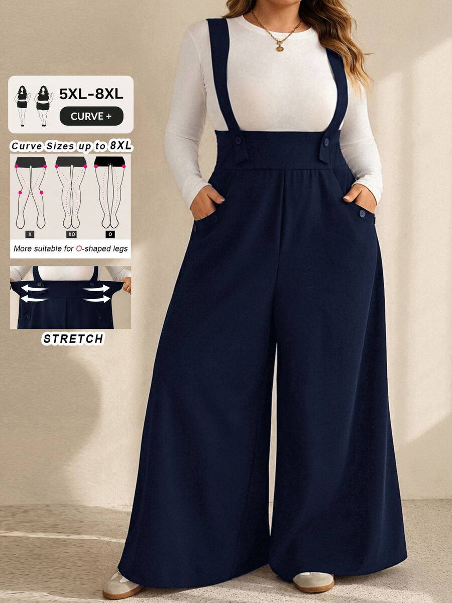 SHEIN CURVE+ جمبسوت نسائي مقاس كبير بلون موحد مع جيوب وتفاصيل مطوية، كاجوال للاستخدام اليومي، بساق واسعة، للخريف - أزرق بحري - مشاهدة 1