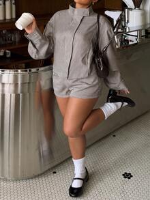 Muchica Plus Size Plaid Button Long Sleeve Jacket And Shorts 2 Pieces Set - Grey - View 4
