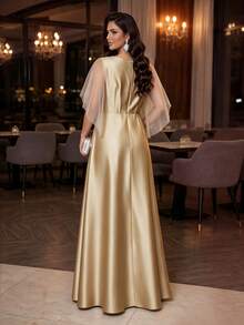 Auveirra Plus Size Women's Elegant Contrast Mesh Applique Dress - Gold - View 2