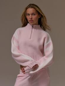 Musera Sport Knitted Funnel Neck Quarter Zip Contrast Panel Design Boxy Cropped Fit Coord Jumper Cute Girly Autumn Winter Fall Gym Holiday Dainty Ice - Pink - View 1