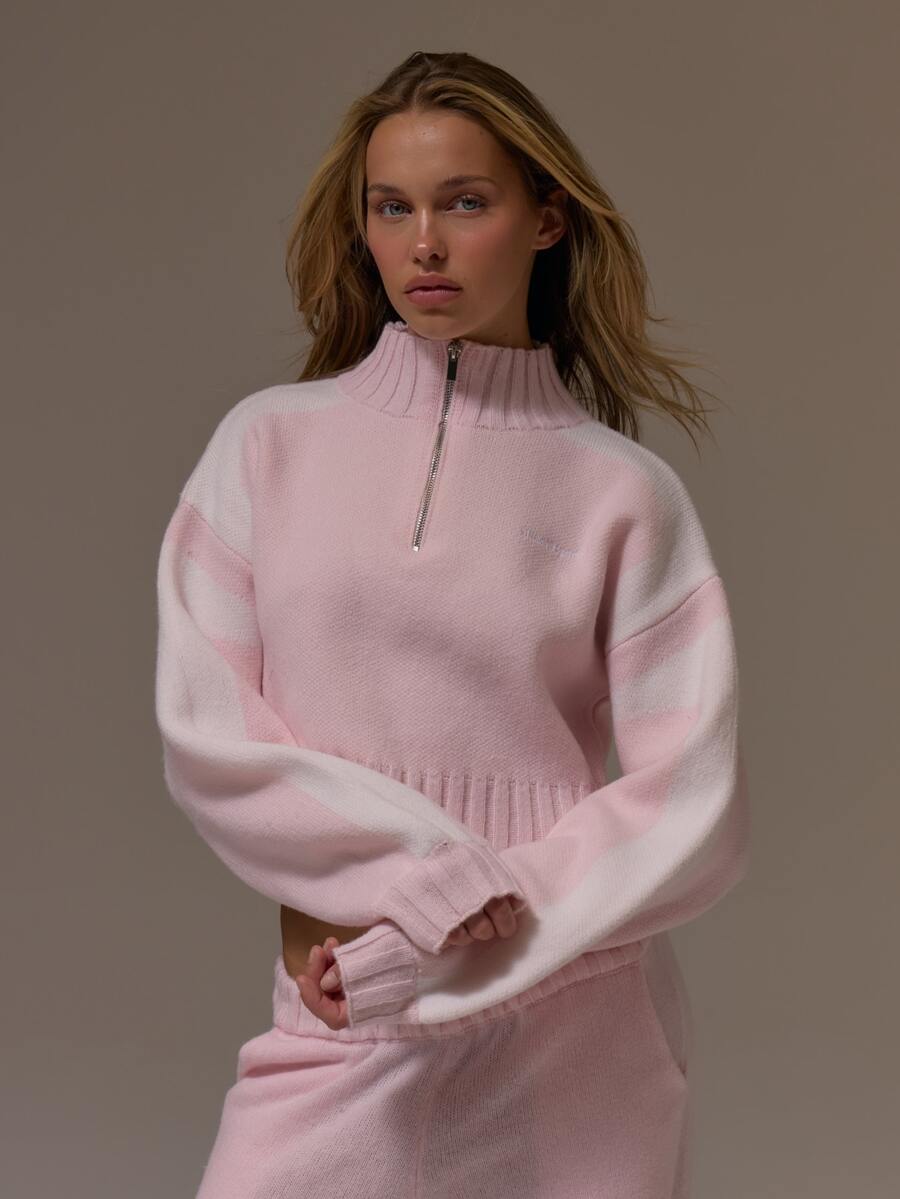 Musera Sport Knitted Funnel Neck Quarter Zip Contrast Panel Design Boxy Cropped Fit Coord Jumper Cute Girly Autumn Winter Fall Gym Holiday Dainty Ice - Pink - View 1
