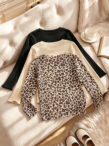 Genkimix Kids 3pcs Young Girl Crew Neck Ribbed Long Sleeve Tee, Solid & Leopard Print Basic Casual Top, Ruffle Cuff Soft Stretchy Young Girl Fall T-Shirt - Multicolor - View 2