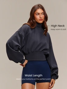GLOWMODE Modal Soft Warm Curved Bubble Hem Waist Length Oversized Ribbed Cuffs High Neck Pullover Sweatshirt Daily - Iron Gray - View 4