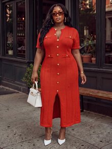 Slaydiva Plus Size Button Front Slit Midi Knit Dress, Short Sleeve Bodycon Elegant Dress - Red - View 6