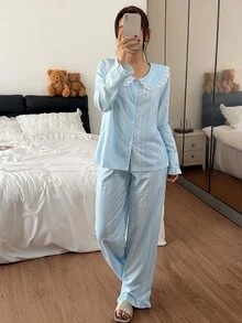 Napfluff Women's Striped Floral Solid Color Fresh Print Long Sleeve & Long Pants Pajama Set, Special Collar Design, Lace Trim Decoration, Cute Style, Comfortable Home Wear, Suitable For All Seasons - Blue - View 4