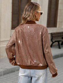Brillora Women's Solid Color Sequin Zipper Placket Baseball Collar Regular Jacket,Going Out Jacket,Glitter,Brown,Napoleon,Fall,Elegant ,Festival,Homecoming - Coffee Brown - View 2