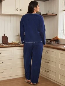 Doze Lane Plus Size Bow Decor Frill Trim Ribbed Knit Pajama Set - Navy Blue - View 2