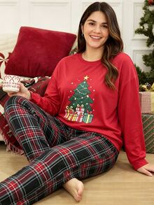 Doze Lane Plus Size Women's Casual Knit Christmas Home Wear Pajama Set - Red - View 1