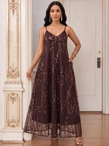 Fleurora Women's Luxury Delicate Sequin Spaghetti Strap Dress - Brown - View 7